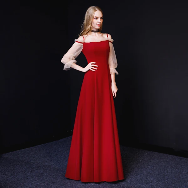 Chic / Belle Bordeaux Robe De Soirée 2019 Princesse Bretelles Spaghetti 3/4 Manches Dos Nu Longue Robe De Ceremonie