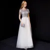 Schöne Weiß Abendkleider 2019 A Linie Rundhalsausschnitt Pailletten Kurze Ärmel Lange Festliche Kleider