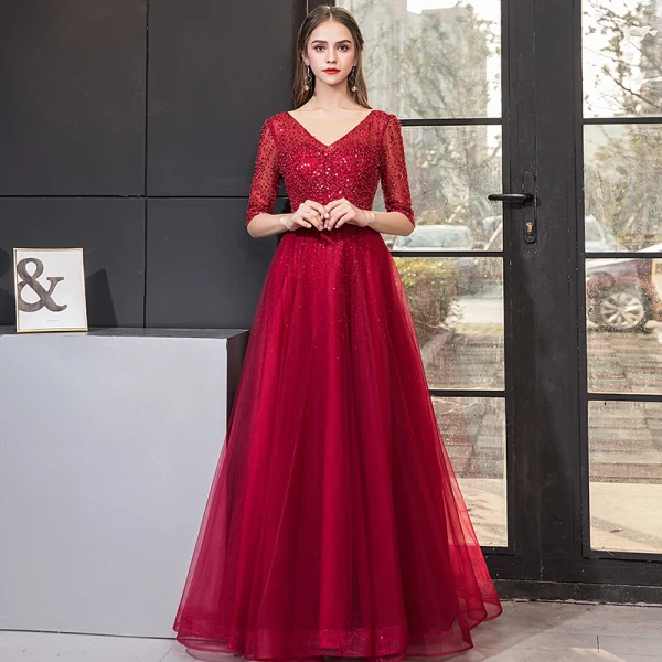 Chic / Beautiful Burgundy Evening Dresses  2019 A-Line / Princess V-Neck Lace Sequins 1/2 Sleeves Backless Floor-Length / Long Formal Dresses