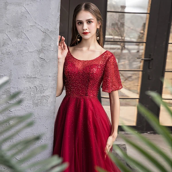 Charming Burgundy Evening Dresses  2019 A-Line / Princess Scoop Neck Sequins Short Sleeve Backless Floor-Length / Long Formal Dresses