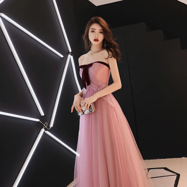 Elegant Blushing Pink Formal Dresses 2019 A-Line / Princess Strapless Bow Sleeveless Backless Floor-Length / Long Prom Dresses