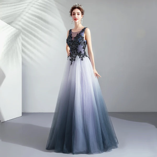 Élégant Dégradé De Couleur Robe De Soirée 2019 Princesse Encolure Dégagée Perlage Paillettes Perle Cristal En Dentelle Fleur Sans Manches Dos Nu Longue Robe De Ceremonie