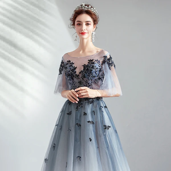 Elegant Gradient-Color Evening Dresses 2019 A-Line / Princess Scoop Neck Beading Pearl Lace Flower 1/2 Sleeves Backless Floor-Length / Long Formal Dresses