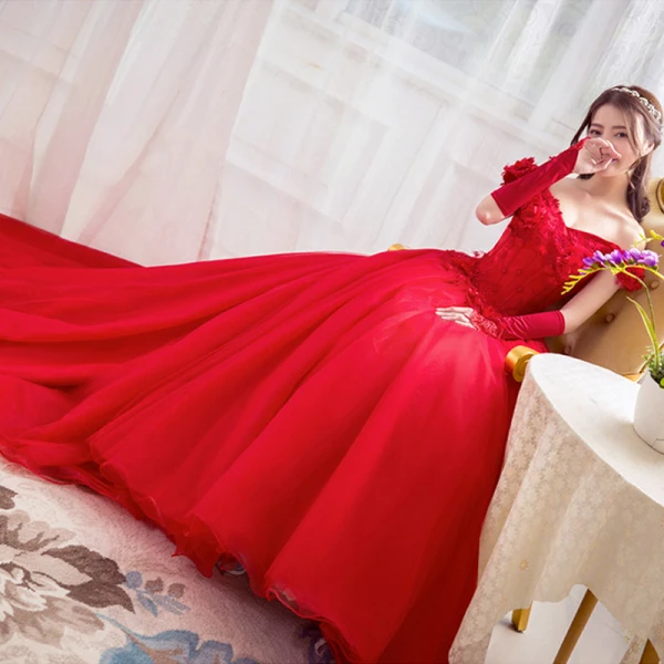 Chic / Beautiful Red Wedding Dresses 2019 A-Line / Princess Off-The-Shoulder Pearl Rhinestone Appliques Lace Flower Short Sleeve Backless Cathedral Train