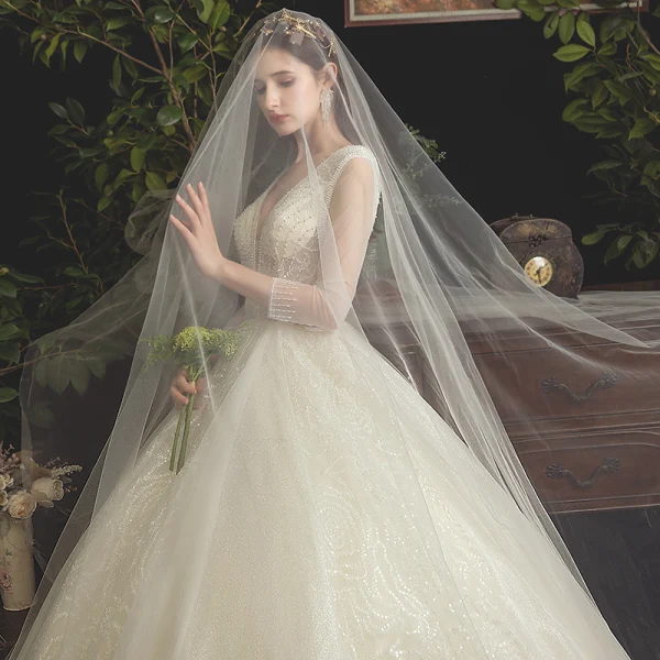 Élégant Champagne Robe De Mariée 2019 Princesse V-Cou Perlage En Dentelle Paillettes 3/4 Manches Dos Nu Longue