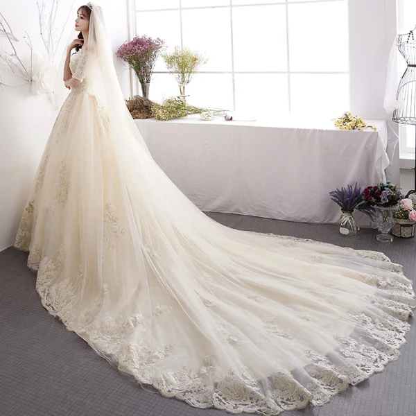 Charming Champagne Wedding Dresses 2019 A-Line / Princess Off-The-Shoulder Sequins Pearl Lace Flower Short Sleeve Cathedral Train