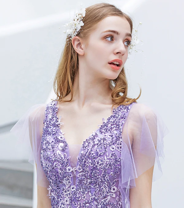 Élégant Lavande Robe De Soirée 2019 Princesse V-Cou Perlage Cristal En Dentelle Fleur Manches Courtes Dos Nu Longue Robe De Ceremonie
