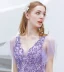 Élégant Lavande Robe De Soirée 2019 Princesse V-Cou Perlage Cristal En Dentelle Fleur Manches Courtes Dos Nu Longue Robe De Ceremonie