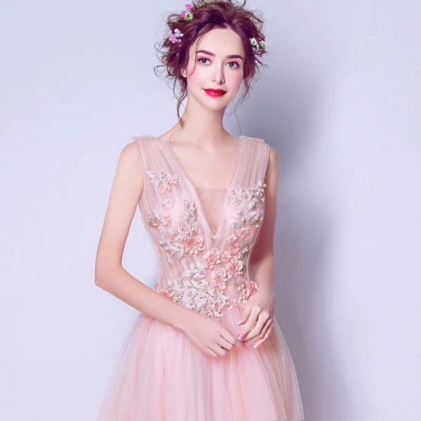 Elegant Pearl Pink Evening Dresses 2019 A-Line / Princess V-Neck Pearl Sequins Appliques Lace Flower Sleeveless Backless Chapel Train Formal Dresses