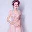 Elegant Pearl Pink Evening Dresses  2019 A-Line / Princess V-Neck Pearl Sequins Appliques Lace Flower Sleeveless Backless Chapel Train Formal Dresses