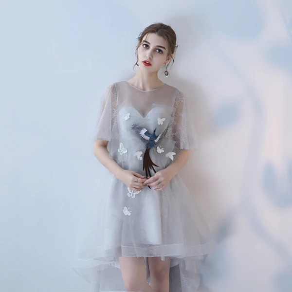 Elegant Grey A-Line / Princess Cocktail Dresses 2018 Lace Flower Scoop Neck Sleeveless Asymmetrical Formal Dresses