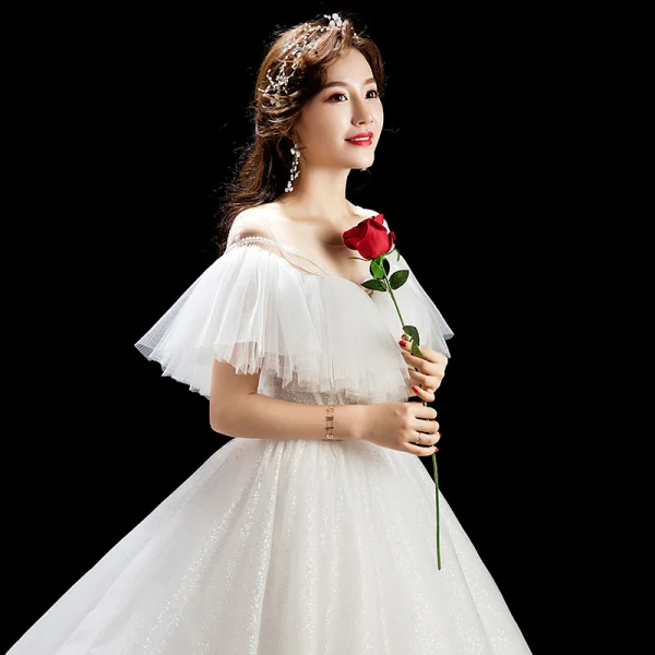 Chic / Beautiful Ivory Wedding Dresses 2019 Ball Gown Scoop Neck Sequins Backless Short Sleeve Chapel Train