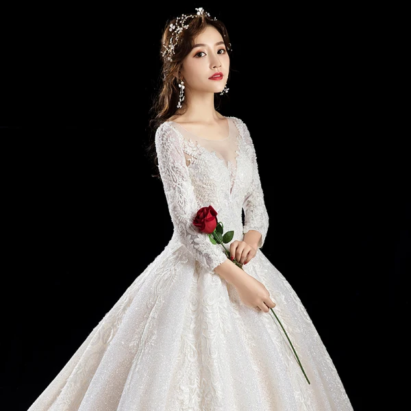 Luxury / Gorgeous Champagne Wedding Dresses 2019 A-Line / Princess Scoop Neck Beading Crystal Sequins Lace Flower 3/4 Sleeve Backless Cathedral Train