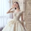 Luxury / Gorgeous Champagne Wedding Dresses 2019 A-Line / Princess Scoop Neck Handmade  Beading Pearl Sequins Rhinestone Lace Flower Short Sleeve Backless Cathedral Train