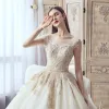 Luxury / Gorgeous Champagne Wedding Dresses 2019 A-Line / Princess Scoop Neck Handmade  Beading Pearl Sequins Rhinestone Lace Flower Short Sleeve Backless Cathedral Train