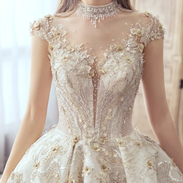 Luxury / Gorgeous Champagne Handmade Beading Wedding Dresses 2019 A-Line / Princess Scoop Neck Lace Flower Star Sequins Cap Sleeves Backless Cathedral Train