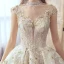 Luxury / Gorgeous Champagne Handmade  Beading Wedding Dresses 2019 A-Line / Princess Scoop Neck Lace Flower Star Sequins Cap Sleeves Backless Cathedral Train