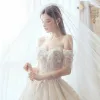 Luxury / Gorgeous Ivory Wedding Dresses 2019 A-Line / Princess Off-The-Shoulder Beading Tassel Appliques Pearl Lace Flower Short Sleeve Backless Royal Train