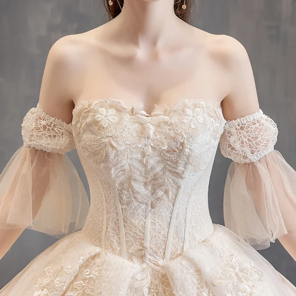 Charming Champagne Wedding Dresses 2019 Ball Gown Strapless Beading Lace Flower Short Sleeve Backless Cathedral Train