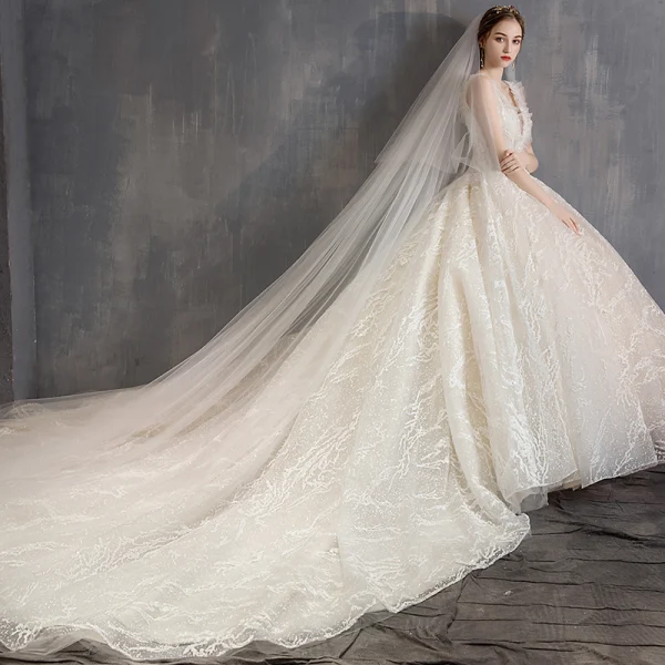 Elegante Champagne Trouwjurken 2019 A lijn V-Hals Kant Bloem Mouwloos Ruglooze Cathedral Train
