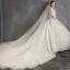 Elegante Champagne Trouwjurken 2019 A lijn V-Hals Kant Bloem Mouwloos Ruglooze Cathedral Train