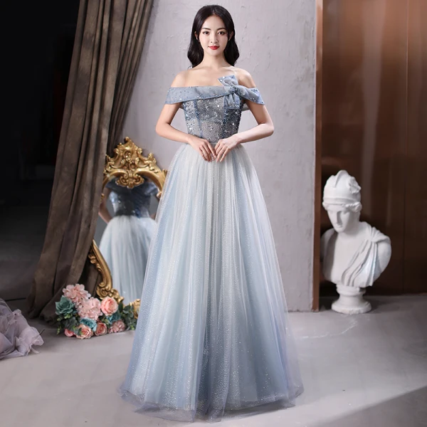 Fashion Sky Blue Prom Dresses 2021 A-Line / Princess Off-The-Shoulder Beading Sequins Sleeveless Backless Floor-Length / Long Formal Dresses