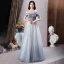 Fashion Sky Blue Prom Dresses 2021 A-Line / Princess Off-The-Shoulder Beading Sequins Sleeveless Backless Floor-Length / Long Formal Dresses