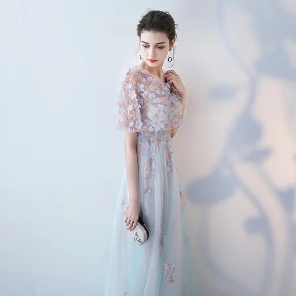 Élégant Été Bleu Robe De Soirée 2018 Princesse Appliques Paillettes Encolure Dégagée Manches Courtes Longue Robe De Ceremonie