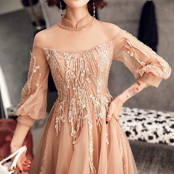 Élégant Champagne Robe De Soirée 2019 Princesse Col Haut Perlage Perle En Dentelle Fleur 1/2 Manches Dos Nu Train De Balayage Robe De Ceremonie