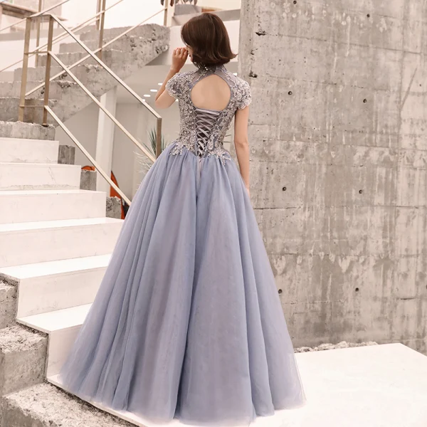 Elegant Pool Blue Evening Dresses 2019 A-Line / Princess High Neck Sequins Lace Flower Short Sleeve Backless Floor-Length / Long Formal Dresses