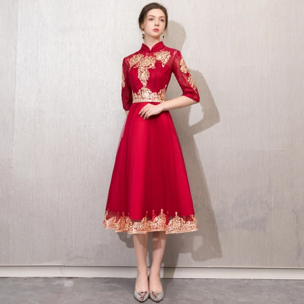Chinese style Burgundy Evening Dresses 2019 A-Line / Princess High Neck Sequins Lace Flower 1/2 Sleeves Tea-length Formal Dresses