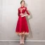 Chinese style Burgundy Evening Dresses  2019 A-Line / Princess High Neck Sequins Lace Flower 1/2 Sleeves Tea-length Formal Dresses