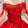 Chic / Beautiful Red Wedding Dresses 2019 A-Line / Princess Off-The-Shoulder Beading Pearl Appliques Lace Flower Sequins Short Sleeve Backless Cathedral Train