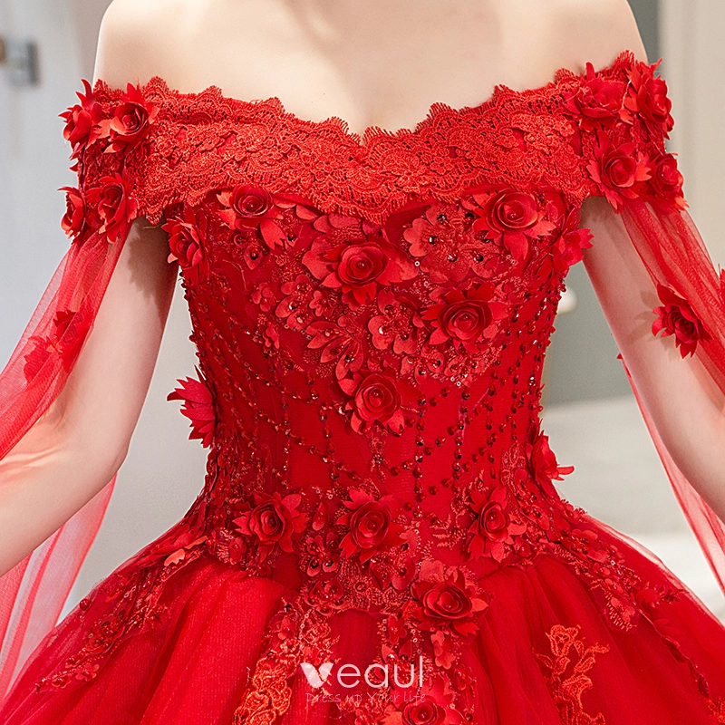 a line red wedding dress A-Line Strapless Red Lace Appliques Empire-Waist Sleeveless Long Forma   Modsele