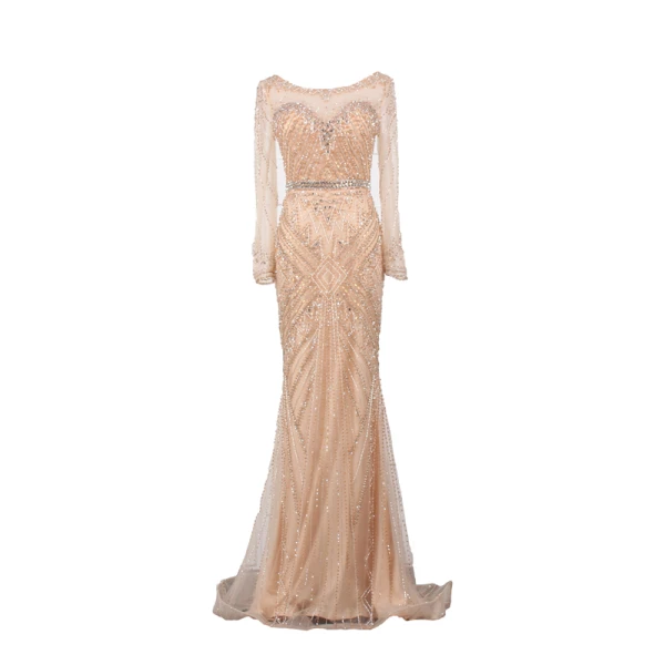 Luxury / Gorgeous Gold Handmade  Beading Evening Dresses  2019 Trumpet / Mermaid Scoop Neck Crystal Rhinestone Long Sleeve Sweep Train Formal Dresses