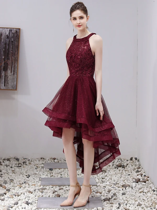 Charming Burgundy Cocktail Dresses 2019 A-Line / Princess Scoop Neck  Sequins Lace Flower Sleeveless Asymmetrical Formal
