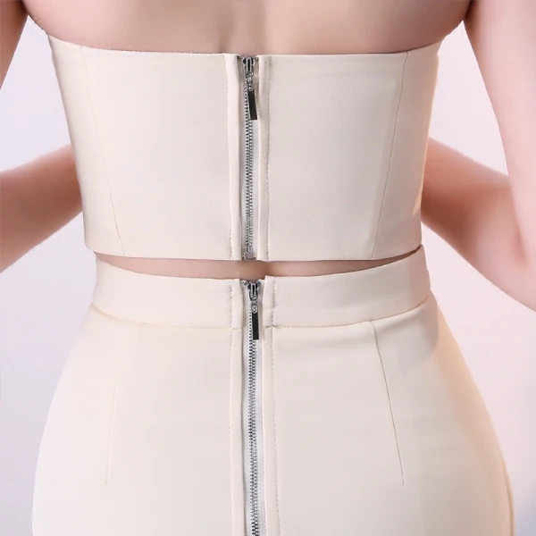 Sexy Champagne 2 Pièces Robe De Soirée 2019 Trompette / Sirène Bustier Noeud Sans Manches Dos Nu Courte Robe De Ceremonie