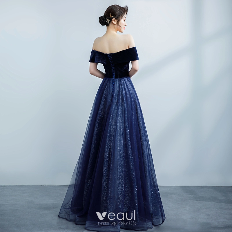 Modest / Simple Navy Blue Prom Dresses 2021 A-Line / Princess Suede Off ...