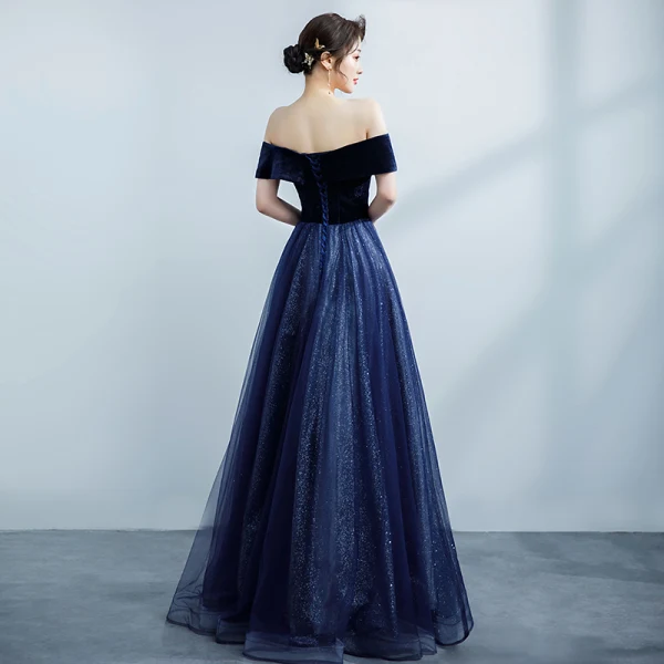 Modest / Simple Navy Blue Prom Dresses 2021 A-Line / Princess Suede Off-The-Shoulder Glitter Short Sleeve Backless Floor-Length / Long Formal Dresses