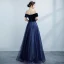 Modest / Simple Navy Blue Prom Dresses 2021 A-Line / Princess Suede Off-The-Shoulder Glitter Short Sleeve Backless Floor-Length / Long Formal Dresses