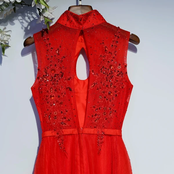 Chic / Belle Rouge Robe De Ceremonie Robe De Soirée 2017 En Dentelle Fleur Paillettes Dos Nu Col Haut Sans Manches Longue Princesse