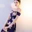 Chic / Beautiful Royal Blue Party Dresses 2018 A-Line / Princess Printing Off-The-Shoulder Backless Sleeveless Knee-Length Formal Dresses