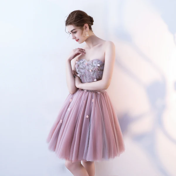 Sexy Blushing Pink Cocktail Dresses 2019 A-Line / Princess Strapless Appliques Pearl Crystal Lace Flower Sleeveless Backless Short Formal Dresses