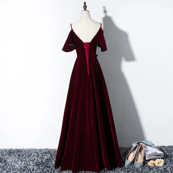 Elegant Burgundy Evening Dresses  2019 A-Line / Princess Spaghetti Straps Suede Bow Short Sleeve Backless Floor-Length / Long Formal Dresses