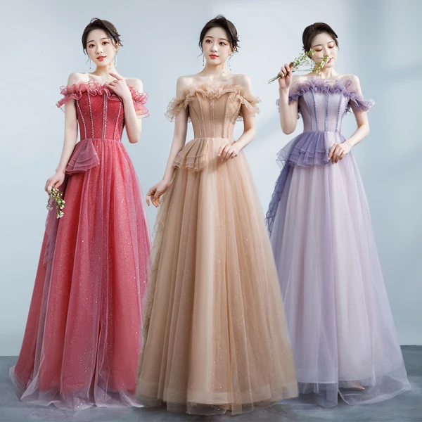 Edles Champagner Ballkleider 2021 A Linie Rüschen Off Shoulder Perlenstickerei Strass Ärmellos Rückenfreies Lange Festliche Kleider