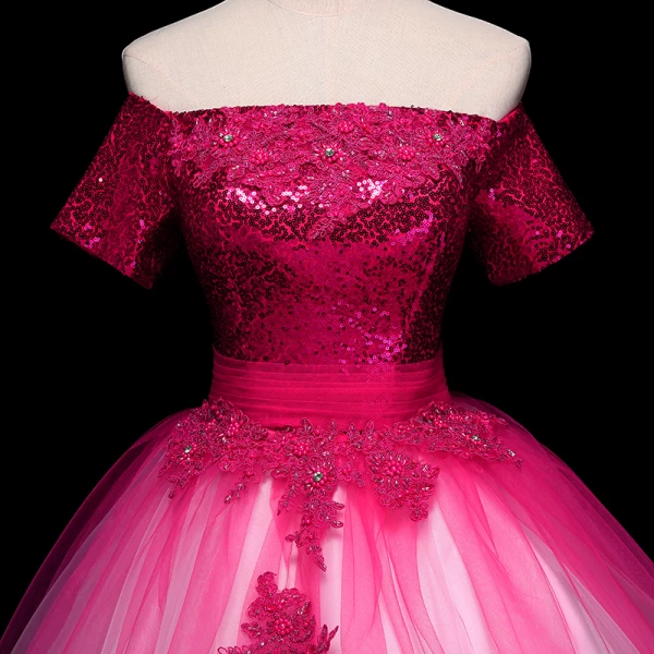 Chic / Beautiful Fuchsia Prom Dresses 2019 Ball Gown Off-The-Shoulder Beading Pearl Crystal Lace Flower Sequins Short Sleeve Backless Floor-Length / Long Formal Dresses