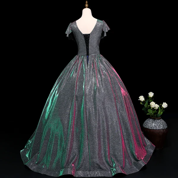 Vintage / Retro Silver Prom Dresses 2019 A-Line / Princess V-Neck Sequins Short Sleeve Backless Floor-Length / Long Formal Dresses