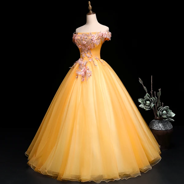 Chic / Beautiful Gold Prom Dresses 2019 A-Line / Princess Off-The-Shoulder Pearl Rhinestone Lace Flower Short Sleeve Backless Floor-Length / Long Formal Dresses