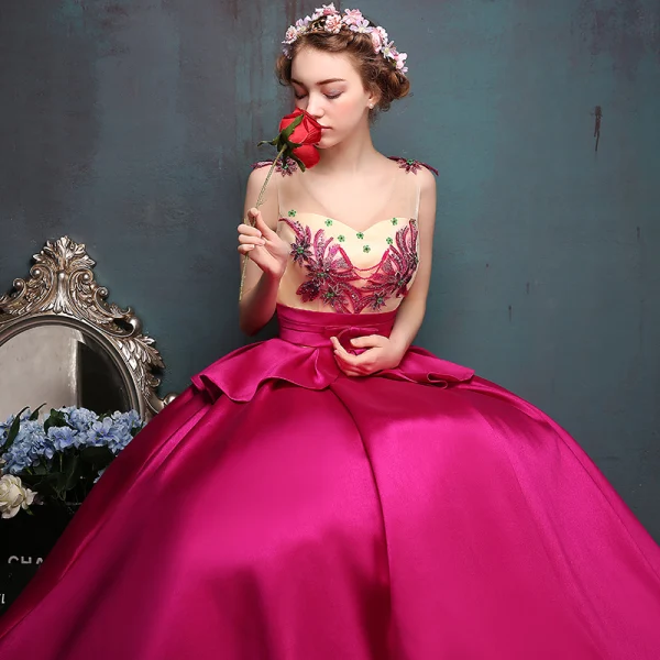 Chic / Beautiful Fuchsia Prom Dresses 2019 A-Line / Princess V-Neck Lace Flower Bow Sequins Sleeveless Backless Floor-Length / Long Formal Dresses