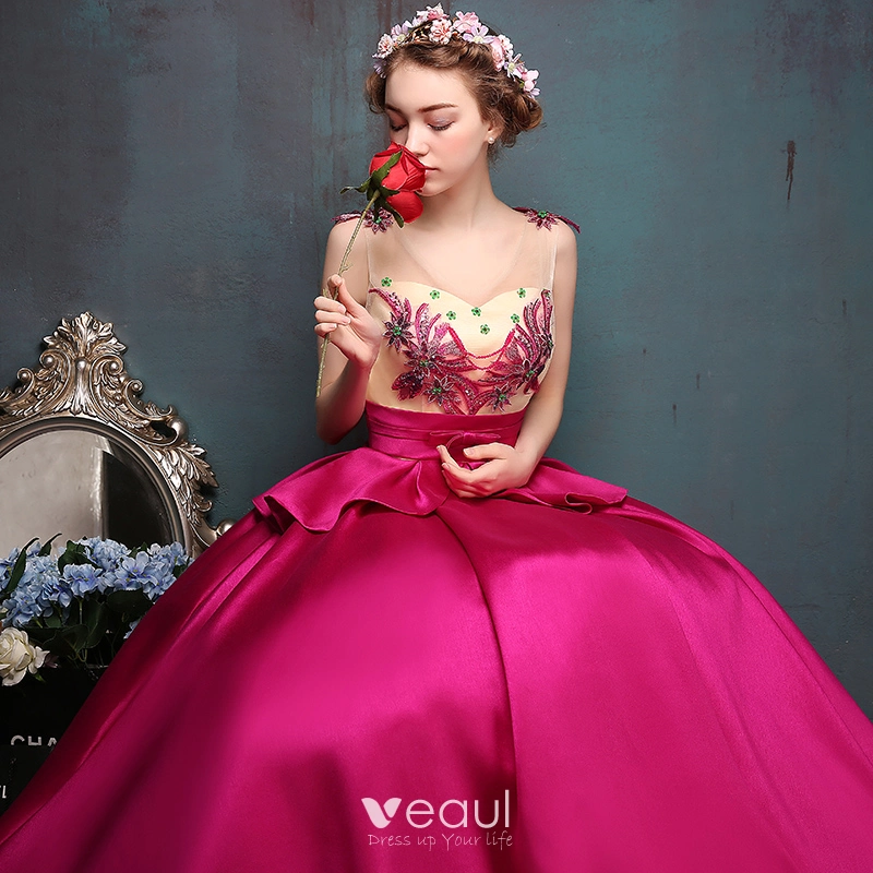 Veaul Chic Beautiful Fuchsia Prom Dresses 2019 A Line Princess V Neck Lace Flower Bow Sequins